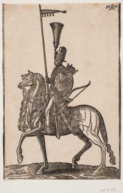 Mounted Soldier, Profile to the Left; Lance with Pennant, Bow Beside, Circular Shield, Quiver; Headdress with Feather Plume by Melchior Lorck
