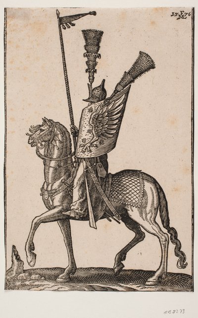 Mounted Soldier, Profile to the Left; Lance with Pennant, Metal Helmet with Very High Feather Plume, Shield with Eagle Wing and an Additional High Feather Plume by Melchior Lorck