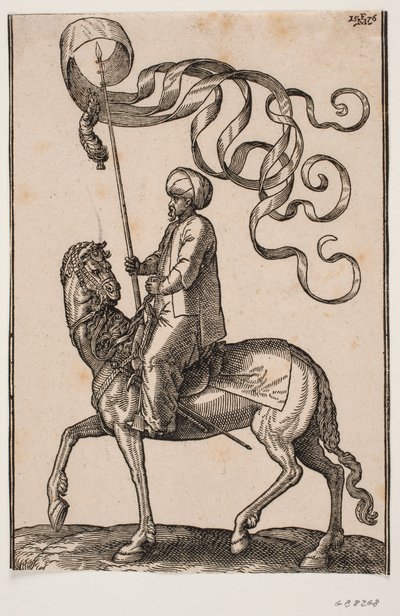 Mounted standard-bearer, profile to the left; the standard is three-pointed and a feather is hung under it; his sword placed between his left leg and the horse
