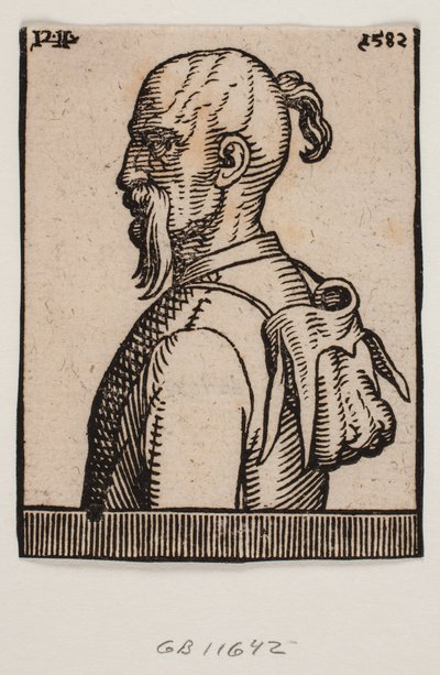 Bust of a Man with a Hanging Moustache, a Ponytail Hanging Down from the Crown of His Head and Hat Hanging Suspended from a Cord Wound Around His Neck, the Left Side of the Man