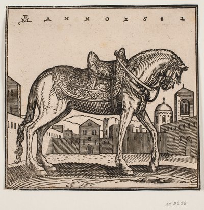 Elegant Saddled Horse, Profile to the Right, on a Rectangular Square by Melchior Lorck