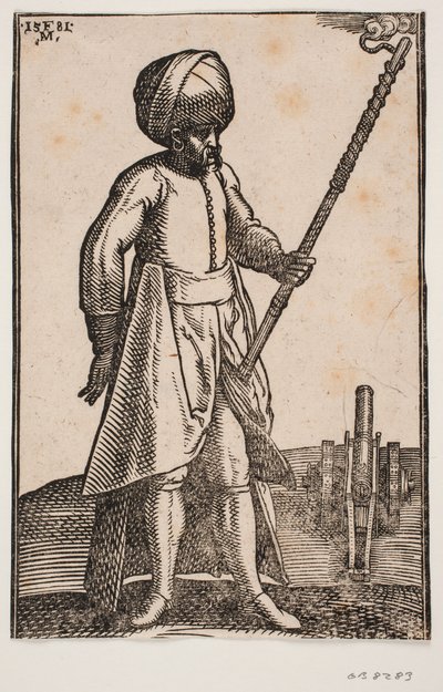 A Gunner by His Cannon, in an Open Landscape by Melchior Lorck