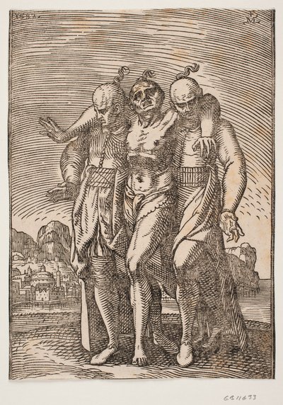 Half-clothed Man with a Pigtail at the Back of His Head; He Supports Himself by Having His Arms Around the Necks of Two Other Men; Also with Pigtails at the Backs of Their Heads by Melchior Lorck