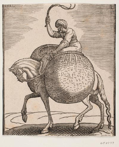 Horse with Rider and Two Spherical Baskets for Transporting Vegetables by Melchior Lorck