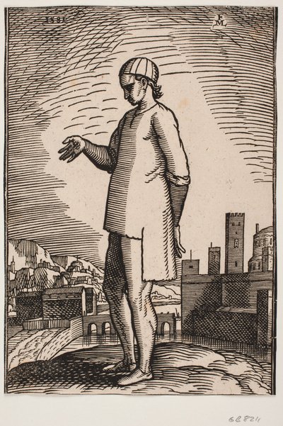Christian Slave with Outstretched Hand, with Two City Districts Connected by a Bridge in the Background by Melchior Lorck