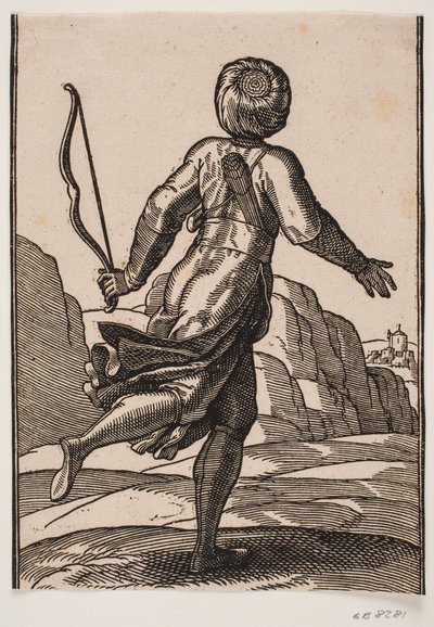 Running Messenger, Seen from Behind, in a Rocky Landscape; in the Left Hand a Bow, a Bundle of Arrows Stuck in the Belt, a Case over the Shoulder by Melchior Lorck