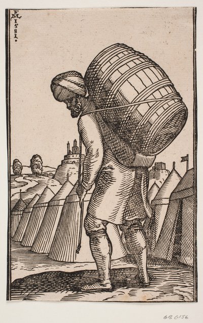 Man Carrying a Barrel on His Back in a Tent Camp by Melchior Lorck