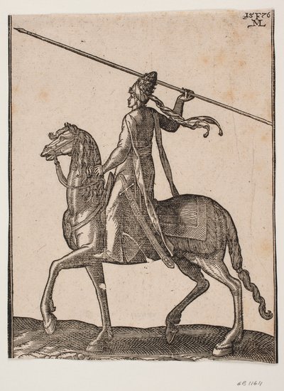Mounted Soldier, Profile Towards the Left; in His Hand, There is a Long Spear Lifted, as if He Were in the Act of Throwing It by Melchior Lorck