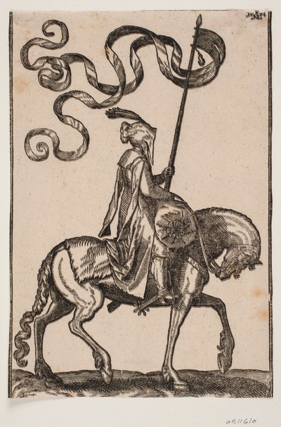 Mounted Standard-Bearer, Profile towards the Right; the Standard is Two-Tailed; the Rider is Unarmed; on the Horse