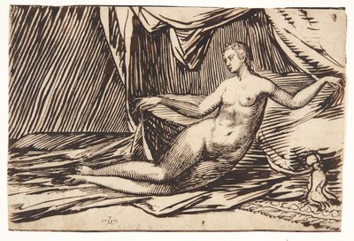 Reclining Naked Woman under a Tent-like Drapery by Melchior Lorck
