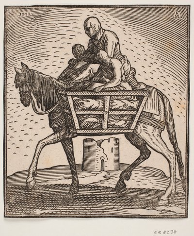 Rider with Hood Pulled Down Over Face; On Each Side of the Horse a Grate Box Containing a Person; Profile to the Left; Under the Horse a Ruined Cylindrical Tower by Melchior Lorck
