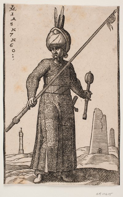 Standing Soldier, Seen from the Front; in His Right Hand, a Lance with a Pennant on the Tip; in His Left Hand, a Club; on His Head, a Turban with Two Feathers; in the Landscape, a 