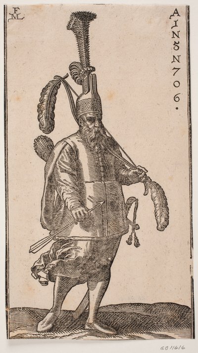 Standing Soldier, Turned to the Right; Headdress with Very High Upright Plume; in the Left Hand, a Bow with Large Feathers on Both Ends; in the Right Hand, an Arrow; on His Back, a Quiver and at His Side, a Sword by Melchior Lorck