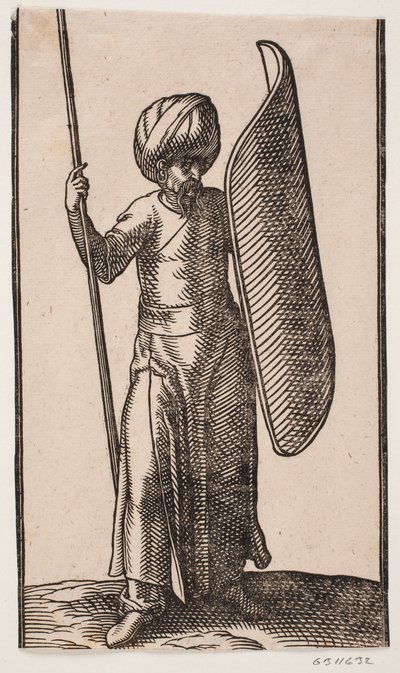 Standing Turban-Clad Soldier, Viewed from the Front; In His Right Hand, a Spear; On His Left Arm, a Curved Shield by Melchior Lorck