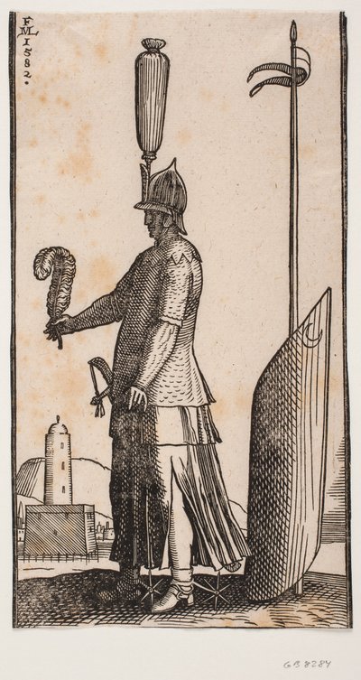Standing Helmeted Soldier, Profile to the Left, Holding a Feather in His Outstretched Hand; Behind Him a Shield Decorated with a Crescent Moon is Supported by a Lance Stuck in the Ground by Melchior Lorck