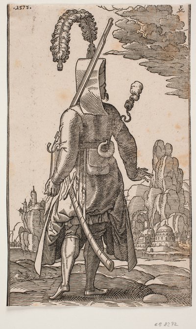 Standing Janissary Seen from Behind, Feathered Headgear, Rifle on Left Shoulder by Melchior Lorck