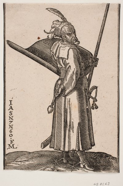 Standing Soldier (akinci), Profile to the Right; in the Right Hand a Mace, in the Left Hand a Lance, Whose Top is Outside the Upper Framing Line; on the Left Arm a Shield with the Inside Facing Upwards, at the Left Side a Sword by Melchior Lorck