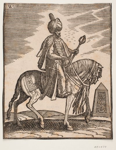 Turban-clad Rider with a Sword at His Right Side and a War-club in His Left Hand, Profile Towards the Right; in the Background, an Obelisk by Melchior Lorck