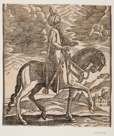 Turban-clad Rider with a Sword at His Right Side, Profile Towards the Right; Between the Horse