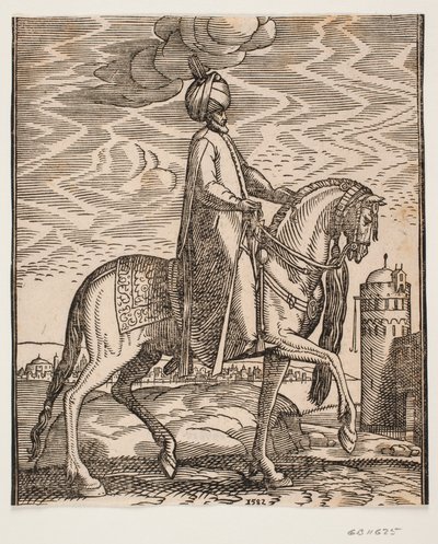 Turban-clad rider, with club hanging at the horse