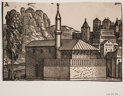 Unidentified Mosque with One Minaret, Tall Tree to the Left by Melchior Lorck