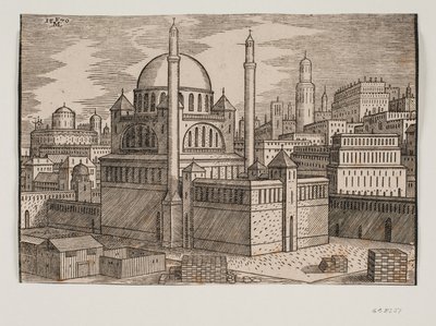 Unidentified Mosque with Two Minarets, Viewed from the Northeast; Construction Site with Stacked Building Stones in the Foreground by Melchior Lorck
