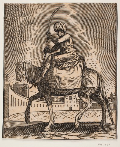 Unarmed Rider on a Carrier Horse, Seen in Profile Towards the Left, Situated on an Open Semi-Circular Plaza; He is Mounted on Top of a Sack and Holds a Raised Switch in His Hand by Melchior Lorck