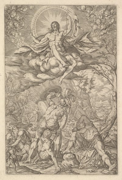 Resurrection of Christ, Encompassed by an Aureole and Clouds with Lines of Winged Putti, 1577 by Melchior Meier