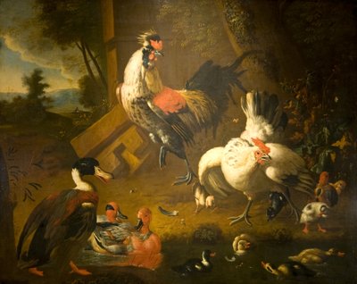 A Cock with a Hen and Three Ducks by Melchior de (studio of) Hondecoeter