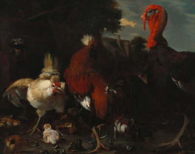 A Hen, Rooster and Turkey in a Farmyard by Melchior de Hondecoeter