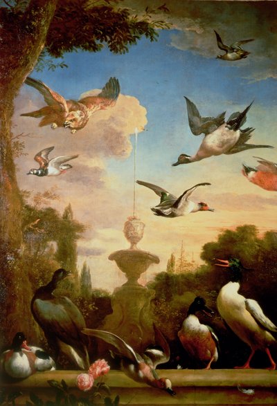 A Mallard and a Golden Eagle in a Classical Garden Landscape by Melchior de Hondecoeter