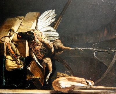 A Still Life of a Dead Pheasant hanging from a Hook by Melchior de Hondecoeter