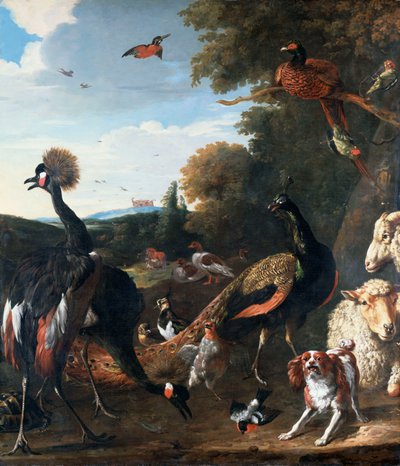 Peacocks and Other Birds, with a Sheep and Dog in a Landscape by Melchior de Hondecoeter