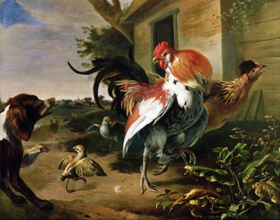 Poultry and Spaniel in a Farmyard by Melchior de Hondecoeter