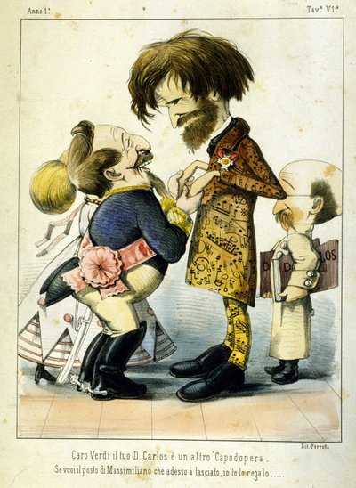 Cartoon about Giuseppe Verdi and Napoleon III after the opera Don Carlos in Paris in 1867. Caricature by Melchiorre Delfico. Private Milan Collection by Melchiorre Delfico