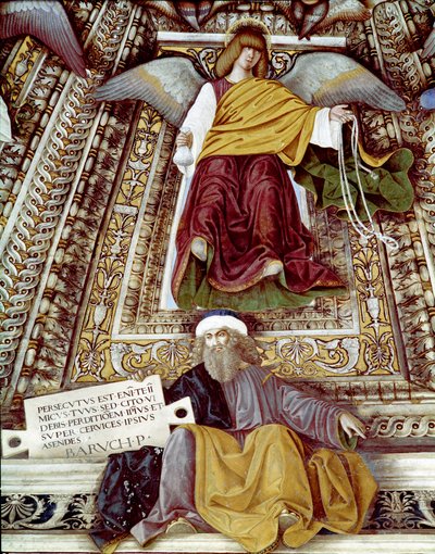 Representation of Baruch (Baruch ben Neria) disciple of Jeremiah and an angel. Fresco by Melozzo da Forli, Cupola of the sacristy of Saint Mark, sanctuary of the Santa Casa, Loreto by Melozzo da Forli