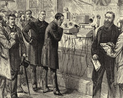Opening of the Anglo-English telephone line. The first London to Paris telephone conversation at the General Post Office, London. Bell instruments were used at the London end. Wood engraving Paris 28 March 1891. by Melton (after) Prior