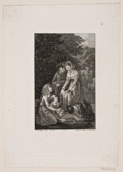 Illustration with Four People Around a Sick Boy in a Forest by Meno Haas