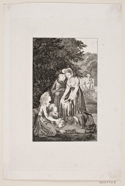 Illustration with Four People Around a Sick Boy in a Forest by Meno Haas