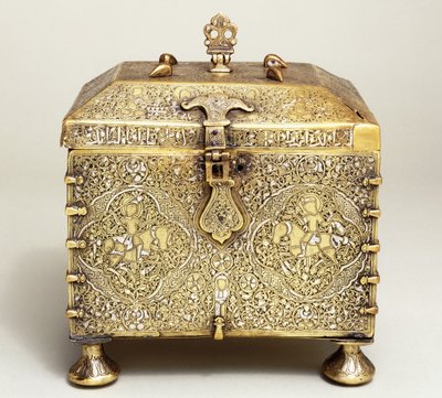 A Mesopotamian silver inlaid brass casket, with dials for a combination lock by Mesopotamian