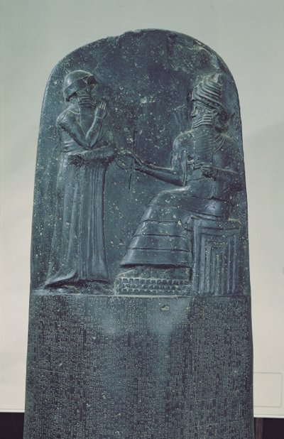 Relief Figure of the Sun God Shamash dictating his laws to King Hammurabi on his Famous Law Code, Old Babylonian Period by Mesopotamian