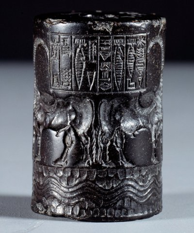 Mesopotamia: Cylindrical Seal in Black Marble in the Name of the Divine Sharkali-Sharri by Mesopotamian Mesopotamian
