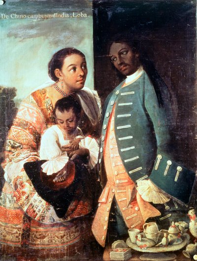 A Half-Breed and his Lobo Indian Wife and their Child, from a series on mixed race marriages in Mexico by Mexican School