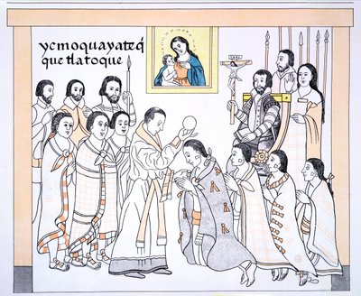 Caciques Receiving Communion from a Priest in the House of Hernando Cortes, Illustration from a Facsimile of a Mexican Indian Picture History Lienzo de Tlaxcala of c.1550, 1892 by Mexican School