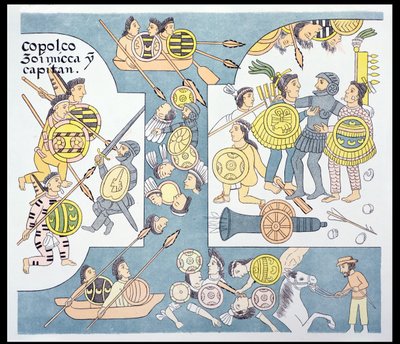 Final Battle between Hernando Cortes and Cuauhtemoc at Tenochtitlan, August 1521, Illustration from a Facsimile of a Mexican Indian Picture History Lienzo de Tlaxcala of c.1550, 1892 by Mexican School