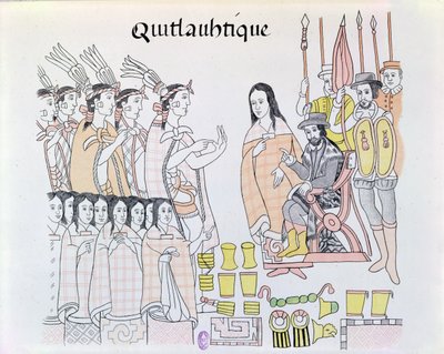 La Malinche Acting as Interpreter during the Presentation of Women and Gold by Montezuma to Hernando Cortes, Illustration from a Facsimile of a Mexican Indian Picture History by Mexican School