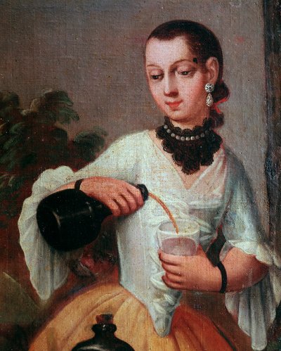 Lady pouring wine in a glass (detail) by Mexican School