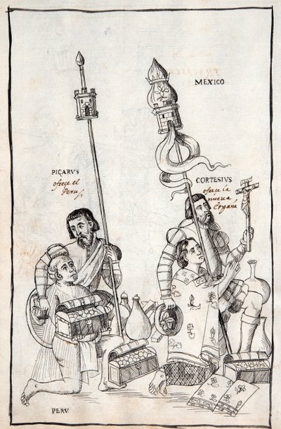 Picarus (Pizarro) Presents Peru and Cortesius (Cortes) Nueva Espana, illustration from Historia de Tlaxcala by Diego Munoz Camargo by Mexican School
