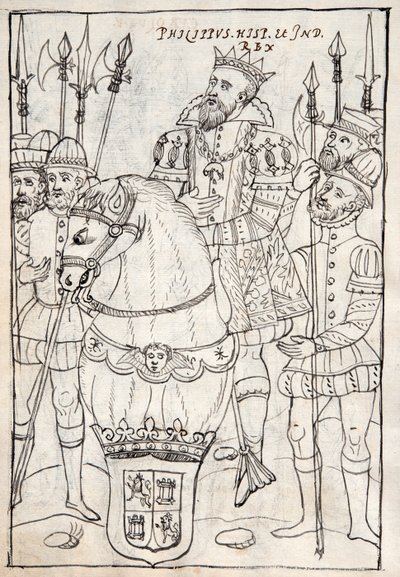 Philip II Seated on Horseback, Wearing the Order of the Golden Fleece, Surrounded by Men-at-Arms, illustration from Historia de Tlaxcala by Diego Munoz Camargo by Mexican School