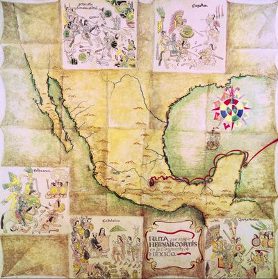 Map of the route followed by Hernando Cortes during the conquest of Mexico by Mexican School